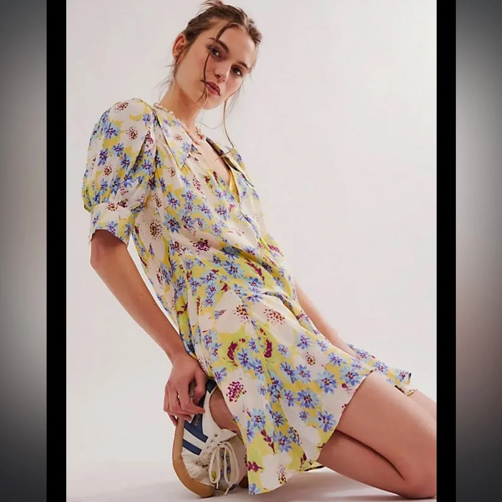 Free People Sugar Crush V-neck Puff Sleeve Floral Mini Dress small